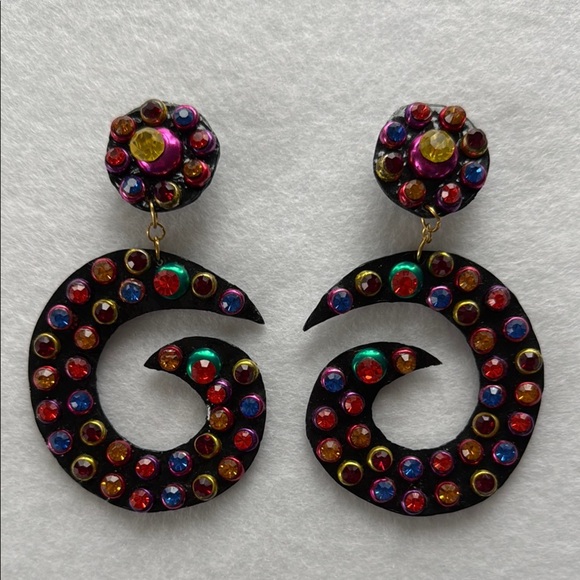 Vintage Patent Leather Rhinestone Multicolor Statement Clip on Dangle Earrings - Picture 1 of 6